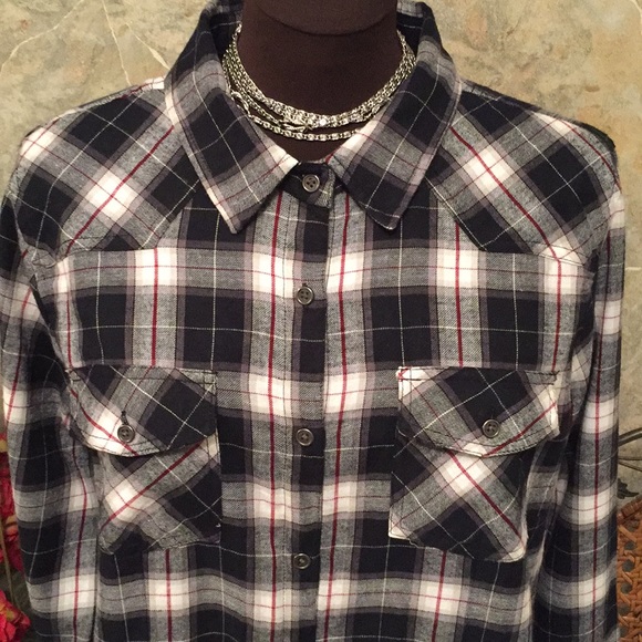 Overdrive 🌹plaid button down shirt top - Picture 2 of 8